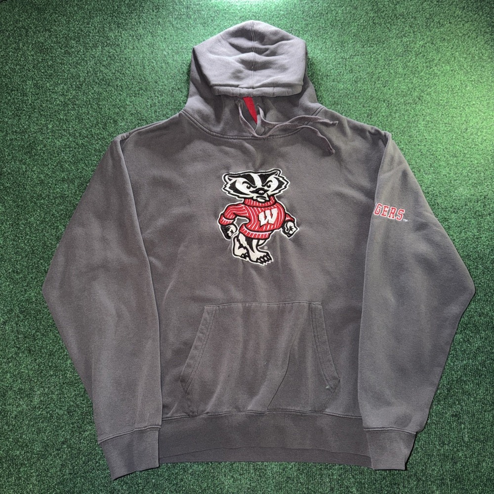 Wisconsin Badger Mascot Embroidered Hoodie Men's XL Gray Campus Heritage Pullove